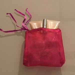 beComing Mesh Cosmetic Bag with Body Wash, Lotion, Fragrance Stick.